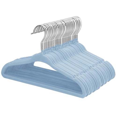 ManGotree Perchas de Terciopelo para Ropa de Bebé, Perchas con Gancho Giratorio, Diseño de Hombros con Muescas para Niños (Paquete de 30, Azúl)