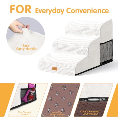Image of Topmart 3 Tiers Foam Dog Ramps /Steps,Non-Slip, Extra Wide Deep Dog Stairs,High Density Foam Pet Stairs /Ladder,Best for Older Cats,Small Pets,Ivory-White | High Density Foam Pet Stairs /Ladder,Best for Older Dogs,Cats,Small Pets