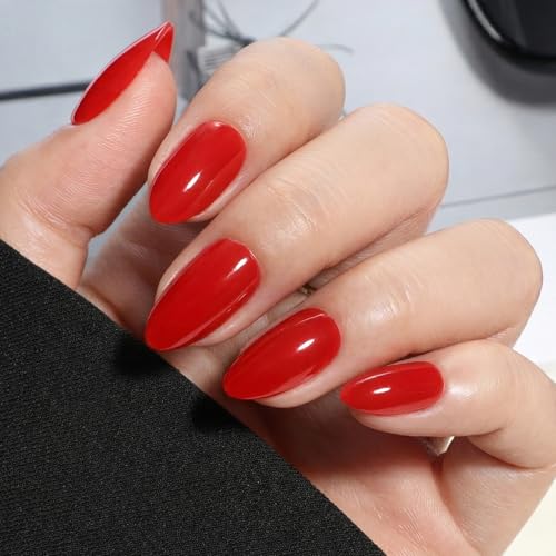 UNA GELLA 32Pcs Soft Gel Press on Nails - 16 Sizes Classic Red Almond Glue on Nails Reusable Glossy Solid Red False Nails Full Cover Acrylic Nail Kit for Women DIY Home Manicure