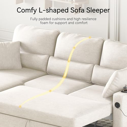 Image of Pull Out Couch, L Shaped Convertible Sleeper Sofa Bed with Hidden Storage for Living Room Apartment, 3-in-1 Linen Sectional with Side Pocket, Charging Station, Cup Holder(Beige
