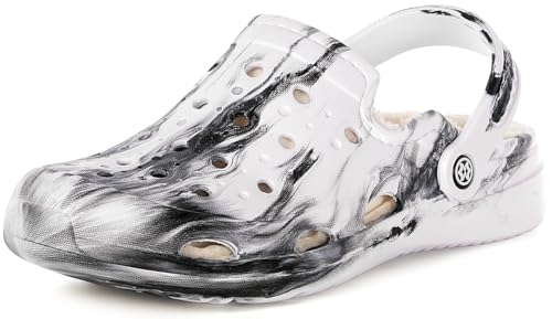 Mens Womens Lined Garden Clogs Unisex Fur Lining Gardening Slip on Sandals Winter House Home Fuzzy Slippers with Arch Support White,11-11.5 Women/9.5-10 Men