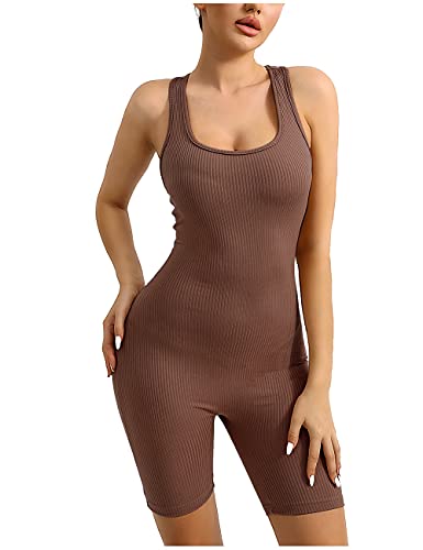 Joukavor Women's Sexy One Piece Tank Top Bodysuit Shorts Sleeveless Bodycon Unitard Jumpsuits Romper Short Catsuit (Coffee, Large) #TOP1