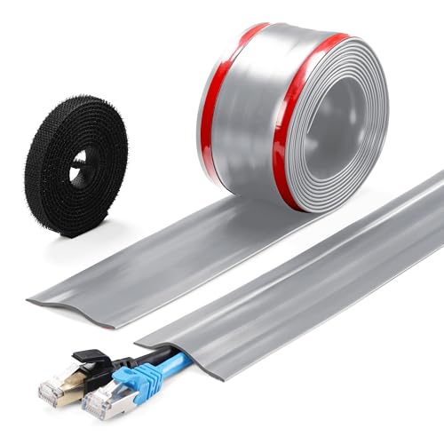 Image of ZhiYo 16.4ft Cord Cover for Wires on Floors or Walls, 2.2in Wide, Grey | Soft PVC cord hider with hook fastener for carpets. Easy to cut and install for extension cords, Ethernet & speaker cables