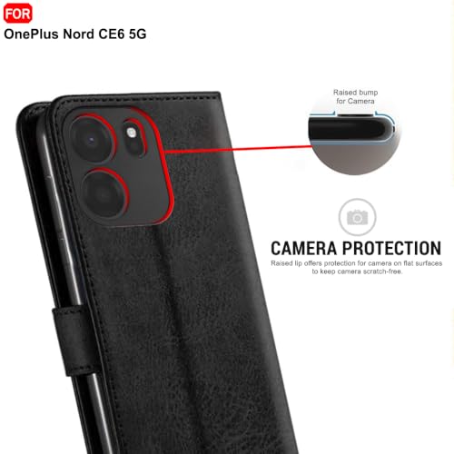 Image of TheGiftKart Genuine Leather Finish Flip Back Cover Case for OnePlus Nord CE 6 5G | Inbuilt Pockets & Stand | Wallet Style | Designer Button | Flip Back Cover for OnePlus Nord CE6 (Faux Leather, Black)