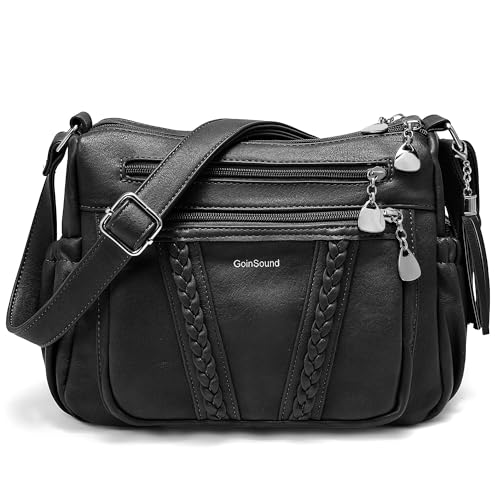 Goinsound Women's Crossbody Bag Soft PU Leather Multi-Pocket Shoulder Bag with Braid & Tassel Detail