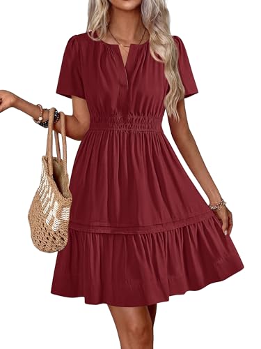 BTFBM Women's Casual Dresses 2025 Summer Spring V Neck Short Sleeve Sundress Smocked Waist A Line Tiered Mini Dress