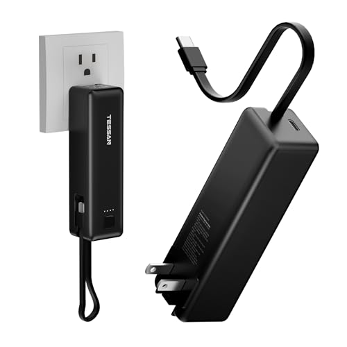 TESSAN Portable Charger Power Bank, 3 in 1 Battery Pack 20W Fast Charging with Built-in Cable USB C, 5000mAh AC Outlet Charger for iPhone 16/15 Series, Samsung, Tablets