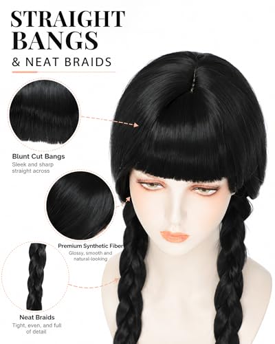 Image of Rose bud Wednesday Cosplay Wig Long Hair Heat Resistant Adjustable Fit 23 Inches Double Braided Black Wigs With Bangs for Halloween Cosplay