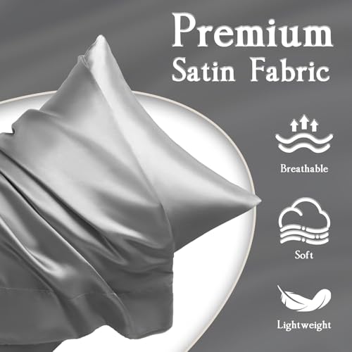 Image of Craftelio Satin Pillow Covers Set of 2 with 3 Free Random Color Hair Scrunchies - Anti-Frizz, Skin-Friendly, Soft & Durable Pillowcase Set for All Hair Types (Gray)