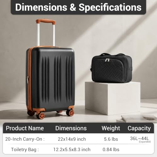 Image of Kono Carry On Luggage Sets 2 Piece, 20 Inch Expandable Hardshell Suitcase | 22x14x9 Airline Approved with Toiletry Bag, Lightweight PC+ABS, Spinner Wheels, TSA Lock, for 1-3 Days Trips, Black & Brown