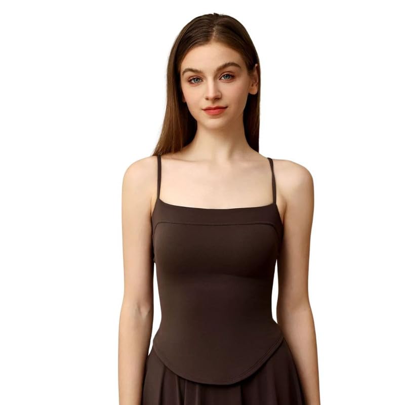 Women's Thin Strap Sports Vest Top Square Neck Sleeveless Double Layer Nylon top