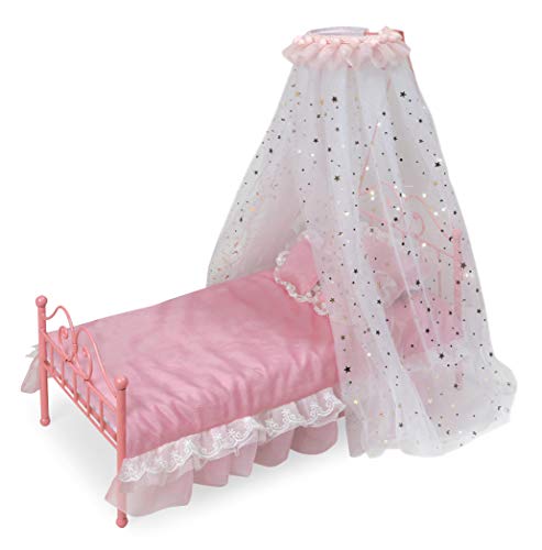 Badger Basket Starlights Metal Doll Bed - LED Canopy Bed Set Fits 18 Inch Dolls - Includes Mesh Drapes Decorative Pillows Reversible Blanket - Pretend...