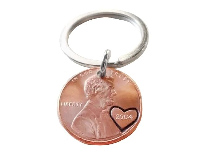 JewelryEveryday 2004 Penny Keychain With Heart Around Year; Engraved Couples Keychain 22 Year Anniversary