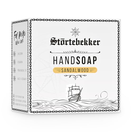 Störtebekker Jabón de manos premium de madera de sándalo, jabón sólido para hombres con espino amarillo y romero, aroma cálido de sándalo, jabón de núcleo vegano y sin aceite de palma, hecho a mano