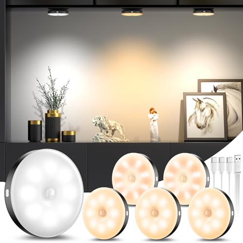 daphomeu Lot de 6 Noir Veilleuse LED avec Détecteur de Mouvement, Lampe Detecteur de Mouvement Interieur Rechargeable USB, 3 Couleurs, pour Escalier, Chambre,...