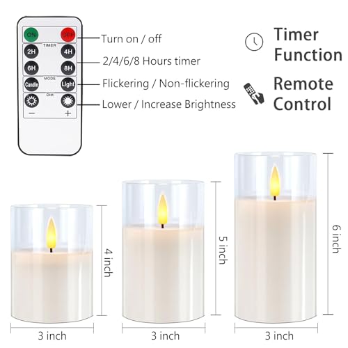 Image of VIEWELLD Clear Glass Flameless Candles with Remote Timer, Battery Operated Candles, Flickering LED Pillar Candles Set of 3