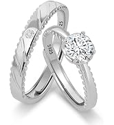 Meissa 2 Pcs Wedding Ring Set Promise Ring Silver Band CZ Ring Matching Bands for Women Men Coupl...