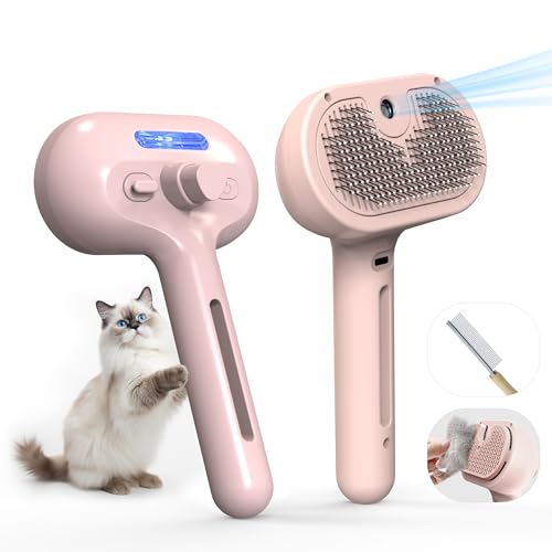 Pet Grooming Brush with Electronic Mist Spray - Gentle Deshedding Tool for Cats &amp; Dogs, Pet Steam Brush，Reduces Shedding, Soft Bristles, Promotes Healthy Coat-Comes with a hair smoothing comb-Red