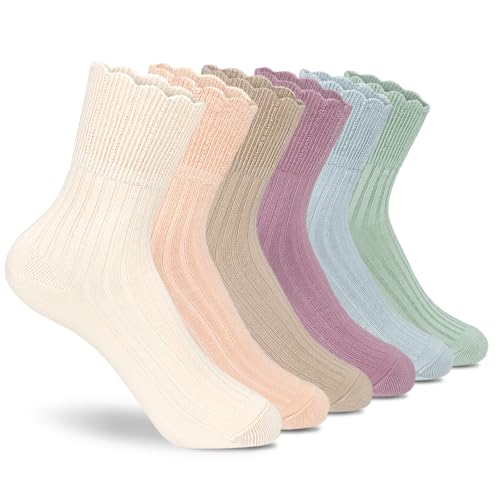 Womens Crew Socks,Ruffle Top,over Ankle,Ultra Soft,Multicolor Cute Cotton Breathable Lettuce Frilly Casual Socks 6 Pack
