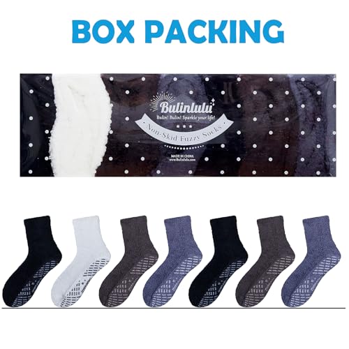Bulinlulu Fuzzy Socks with Grips Plush Sleep Cozy Winter Soft Hospital Fluffy Socks Gifts for Womens Mens Gifts