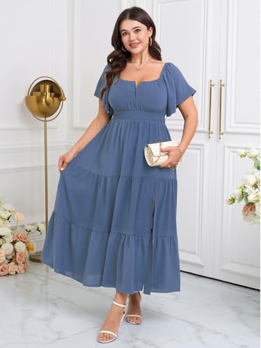 Image of SCOMCHIC Womens Plus Size Maxi Dress Formal Short Sleeve Square Neck Smocked Side Split Flowy A Line Tiered Long Dress