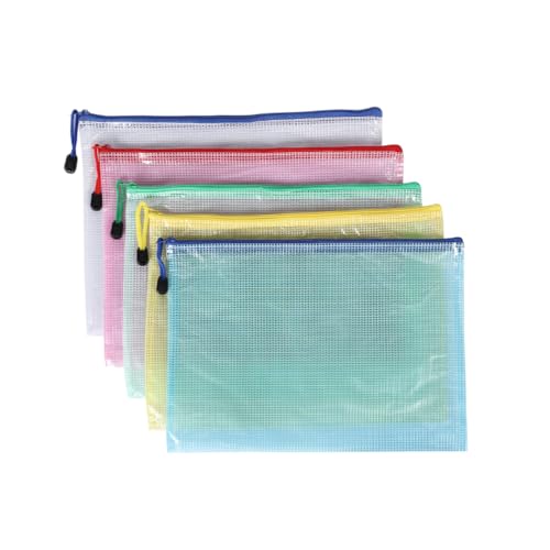 クリアファイル 5色セット A4対応 ジッパー付き 大容量 防水 書類 収納 メッシュポーチ レシート 領収書 宿題 半透明 PVC製 学習用 仕事用 (セット3)