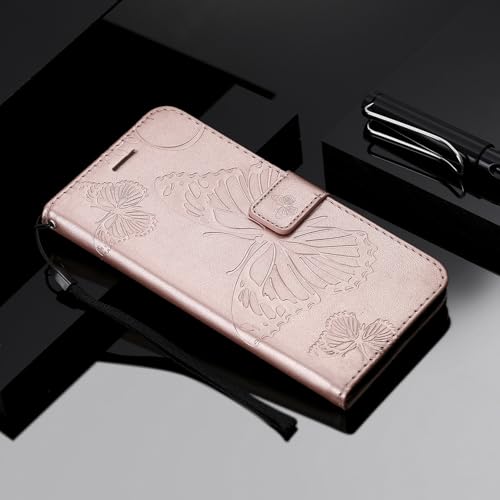 Étui iPhone 17 Air or rose avec portefeuille cuir et fermeture magnétique motif papillon