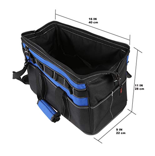 Tahoe Trails 16" Wide Mouth Tool Bag And Organizer For Home, Workshop, Or Job Site, Molded Waterproof Base With 21 Pockets And 7 Belt Loops, Padded Handle, Adjustable Shoulder Strap #TOP6