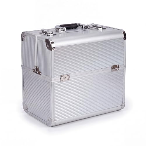 N&BF Kosmetikkoffer Groß Silber Alu | Abschließbarer Schminkkoffer & Beautycase aus Aluminium | Nagelkoffer mit 4 Ausklappfächern | Makeup Koffer & Friseurkoffer 36 5 x 22 5 x 35 5 cm