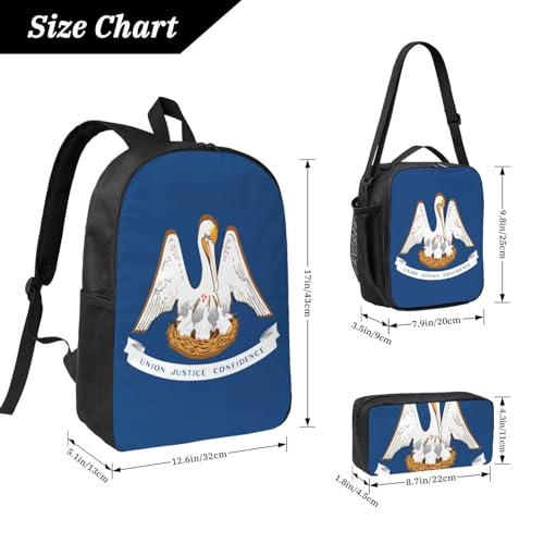 Louisiana State Flag print Shoulder Bookbags Lunch Bag and Pen Case 17 inches Backpack with Lunch Box, Cute Bookbag Set4