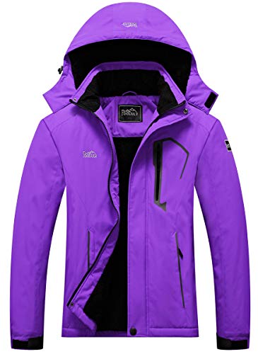Pooluly Women's Ski Jacket Warm Winter Waterproof Windbreaker Hooded Raincoat Snowboarding Jackets Purple