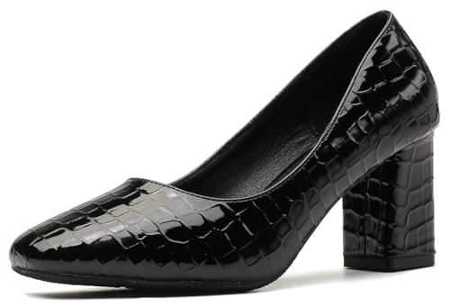 LizFoYa Women Embossed Square Toe Dress Pumps Polished Leather Dress Block High Heels Office Shoes