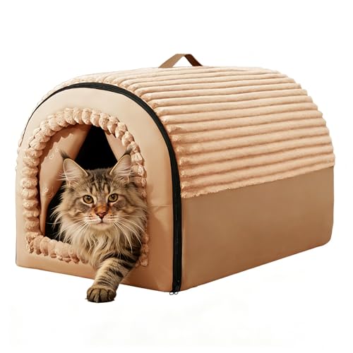 [Innovista] 猫 ハウス ドーム型 ベッド 冬 キャットケイブベッド 犬ハウス 洗える メモリーフォーム ペットハウス 持ち手付き 室内 外猫ハウス冬用 小型犬用 落ち着くコージーネスト 潰れ防止 折り畳みデザイン (ブラウン)