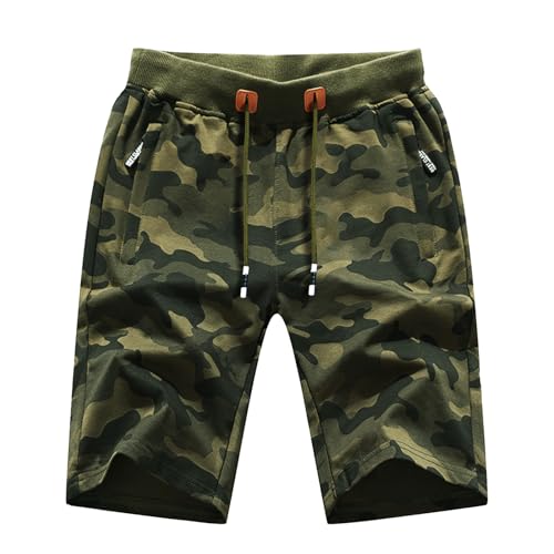 LY4U Pantalones Cortos Casuales de Verano para Hombres, Deportivos para Gimnasios, Pantalones Cortos de Camuflaje con Bolsillos de Cuerda de Bombeo y Cremallera, Verde M