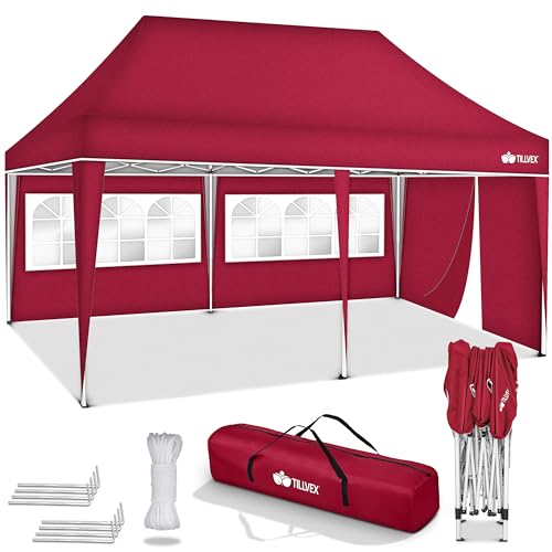 tillvex Pavillon 3x6m wasserdicht | Pop-Up Faltpavillon höhenverstellbar | Gartenzelt UV Schutz 50+ | Partyzelt mit Tasche für Garten (Rot - mit 3 Seitenteilen)