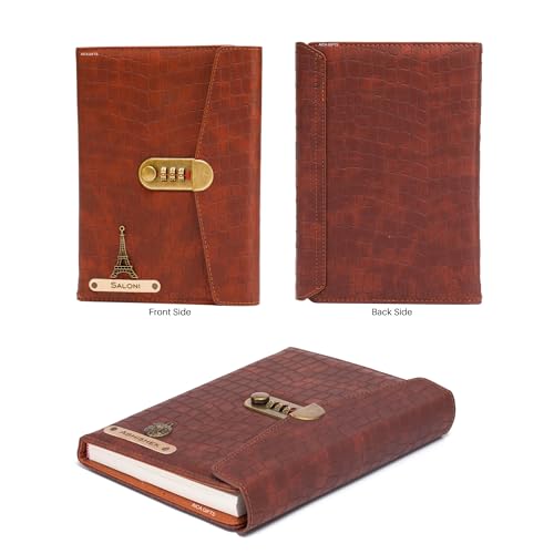 Image of AICA Personalized Name & Charm Leather Lock (Tan Brown) Diary � A5 Size 230 Pages with Combination Lock for Men & Women | Customized Planner Diary Office Birthday Gift Items for Women Girl