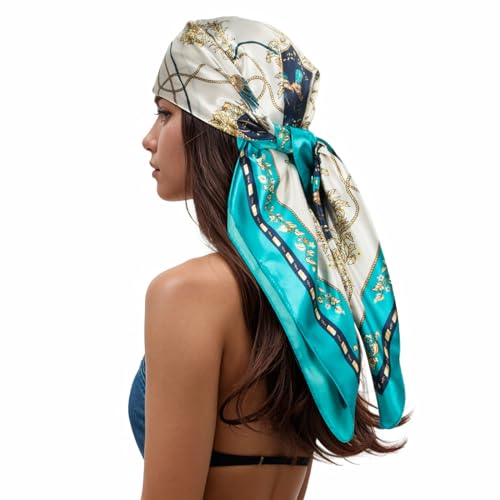 RIIQIICHY Head Scarf for Women Like Silk Scarf Hair Scarf Printed Square Scarf Bandanas for Women 35 Inches Turquoise/Navy/Gold