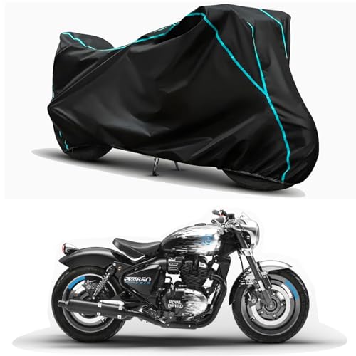 Image of Waterproof Bike Body Cover Compatible for | Royal Enfie Shotgun 650 STD | Taffeta Fabric, Sky Piping Design, Bottom Elastic Fit | Dustproof, Sun UV & Rain Protection for All Weather.