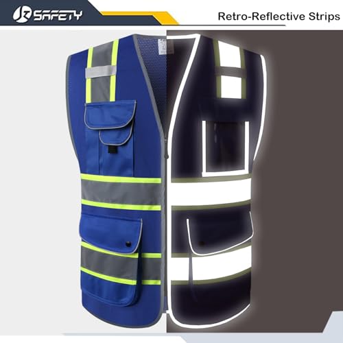 Image of JKSafety 9 Pockets High Visibility Zipper Front MESH Blue Safety Vest | Blue with Dual Tone High Reflective Strips | ANSI /ISEA Standards (100-Blue, M)