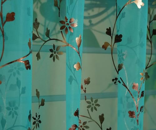 Image of littlelotus Floral Print Tissue Net Sheer Transparent Grommet Curtains for Door 7 feet Long Set of 2, Turquoise