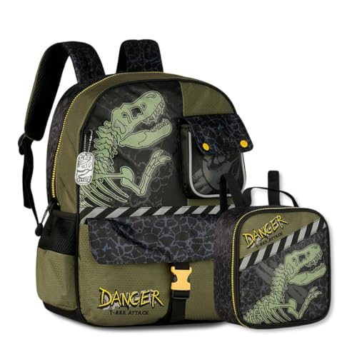 Kit Mochila Costas com Lancheira Térmica Escolar Infantil Dinossauro T-Rex