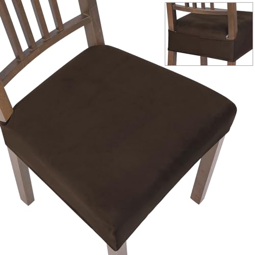 Image of SearchI Stretch Dining Chair Seat Covers Set of 4, Soft Removable Washable Seat Covers for Dining Chairs, Dining Room Seat Cover Protector (Rear-Covered, Velvet Brown)