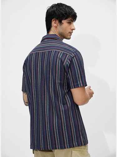 Image of The Souled Store Stripes: Men and Boys Long Sleeve Collared Neck Button Down Cotton Textured Shirts for Men