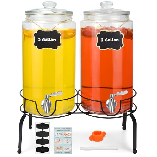 PARAISODOS 2 Gallon Beverage Dispenser 2 Pack, Stainless Steel Spigot Drink Dispenser for Parties with Stand, Clear Glass Drink Container Easy to Refill and Clean