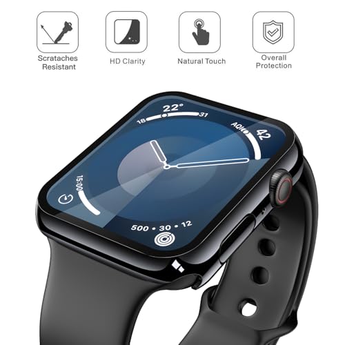 Image of Misxi 2 Pack Tempered Glass Case Compatible for Apple Watch Series 9 Series 8 Series 7 45mm, Hard PC Screen Protector Overall Protection Scratch-Resistant Cover for iWatch, 1 Jet Black + 1 Transparent