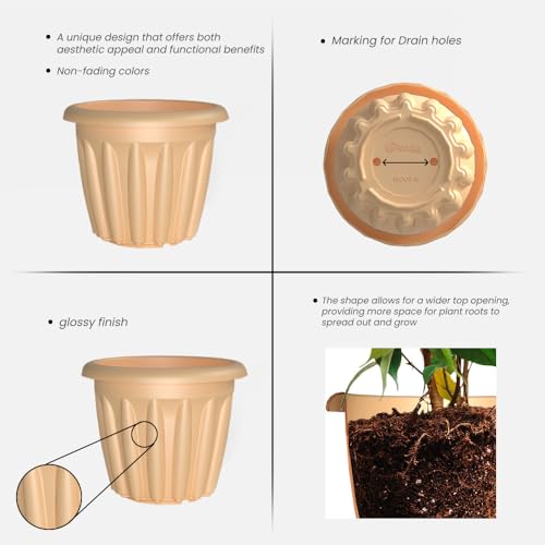 Image of YUCCABE ITALIA SHERA Floot Plastic Flower Pot Round Planter Suitable for Indoor Outdoor Kitchen Garden (Beige, 10 INCH - 3 Pcs)