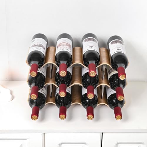 TRUDING Countertop Wine Rack - 12 Bottle Freestanding Wine Bottle Holder Stand - 3 Tier Wooden Wine Storage Rack - Wavy Wine Organizer for Cabinet Pantry Home Kitchen Bar - Thumbnail 6