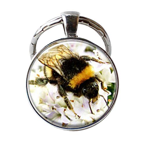 Preisvergleich Produktbild Honigbien-Schlüsselanhänger, gelbe Biene, weiße Blüten, handgefertigt, Honigbienen-Schmuck, Kunstbild, Schmuck