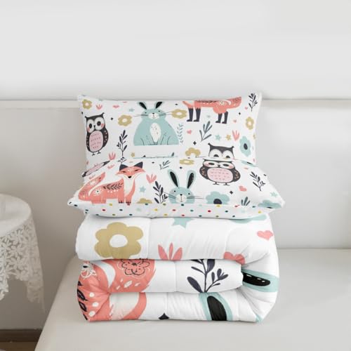 Image of Feelyou Fox Rabbit Owl Comforter Set Toddler Size, Cartoon Fox Comforter for Kids Toddler Cute Rabbit Comforter Set Toddler Size Tropical Kawaii Animal Duvet Set Durable Quilt Set