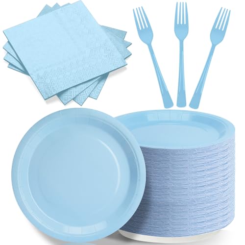 Light Blue Party Plates and Napkins Include 7 Disposable Baby Blue Paper Dessert Plate Napkins Forks Party Supplies for Birthday Baby Shower Wedding Picnics Party Decorations for Serves 50